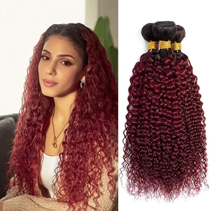 1B99J Bundles Curly Bundles Two Tone Black and Burgundy Curly Brazilian Hair Weave Soft and Silky for Women 8 10 12 Inch