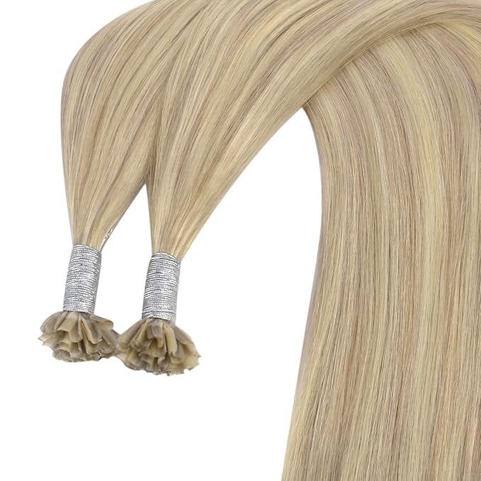 YoungSee U Tip Highlight Hair Extensions Highlight Ash Blonde with Bleach Blonde U Tip Hair Extensions Real Human Hair Highlight Utips Hair Extensions Blonde Hot Fusion Hair Highlight 16In 1G/S 50G