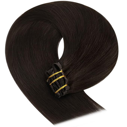 YoungSee Clip in Hair Extensions Human Hair Brown Clip in Real Hair Extensions Darkest Brown Clip in Hair Extensions Real Human Hair Brown Blend Seamlessly with Natural Hair 24In 120G 7Pcs