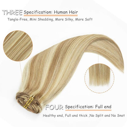 Caliee Clip in Hair Extensions Human Hair for Women Long Soft Silky Double Weft Lace Clip ins P10-613 Highlight Golden Brown and Bleach Blonde 7PCS 20 Inch 120G Real Hair Clip in Hair Extensions