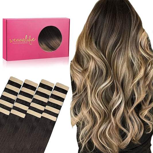 WENNALIFE Tape in Hair Extensions, 22 Inch 50g Dark Brown to Chestnut Brown and Dirty Blonde Remy Human Hair, 20pcs Coloured Tape Extensions