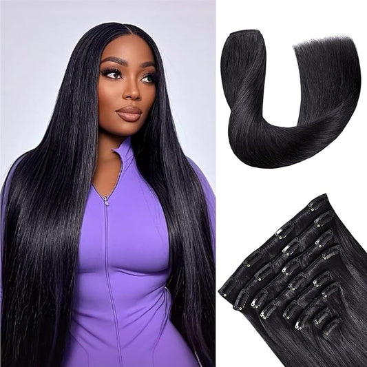 Clip in Hair Extensions Real Human Hair,100% Seamless Remy Human Hair Straight,Clip Extensions for Women, 8pcs Per Set with Double Weft,1B Natural Black,24inch 120g/4.2oz