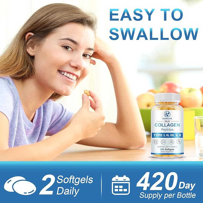 Multi Collagen Peptides for Women & Men, Hydrolyzed Collagen Peptides-Type I, II, III, V, X - with Hyaluronic Acid,Vitamin C,Biotin,Supports Skin Hair Nail, Non-GMO,840 Softgels