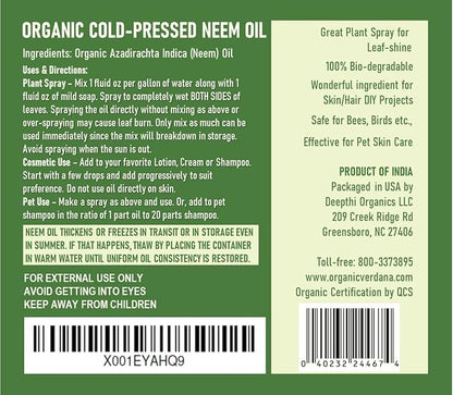 Verdana Pure Neem Oil for Plants – 1 Quart (32 Fl Oz) – Organic, Cold Pressed, Unrefined, Non-GMO – 100% Natural Spray for Plant Leaf Shine, DIY Beauty, Soap Making – No Additives