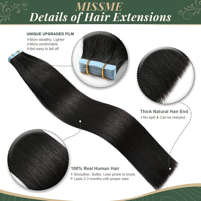 Missme Tape in Hair Extensions Human Hair 20 inch 20 Pcs 50g #1B Natural Black Tape ins Human Hair Extensions Remy Hair Skin Weft Seamless Invisible Silky Straight Thick Ends Add Length