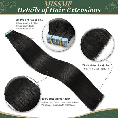 Missme Tape in Hair Extensions Human Hair 20 inch 20 Pcs 50g #1B Natural Black Tape ins Human Hair Extensions Remy Hair Skin Weft Seamless Invisible Silky Straight Thick Ends Add Length