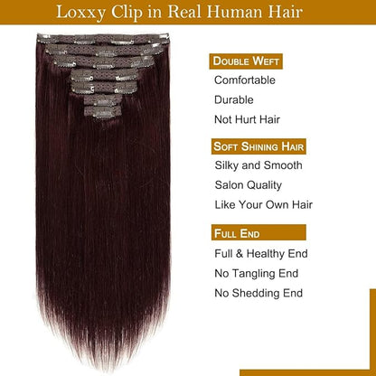 Loxxy 14Inch Hair Extensions Seamless Clip in Human Hair 9A Grade Brazilian Human Hair Extension Red Wine #99J Silky Straight Natural Hair Extensions Clip in Double Weft Human Hair 7pcs 16 Clips 120G