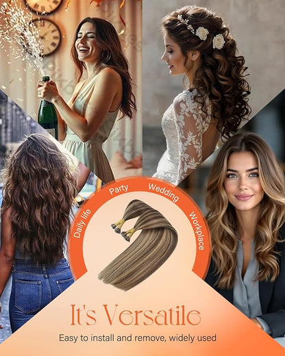Sunny Hair Nano Bead Hair Extensions Human Hair Dark Brown Highlights Caramel Blonde Nano Human Hair Extensions Easy to Curl Nano Ring Hair Extensions 14inch 50g