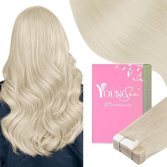 YoungSee Tape in Extensions Platinum Blonde Hair Extensions Tape in Blonde Hair Extensions Real Human Hair Tape in 20 Inch 50g Blonde Tape Extensions 20pcs Invisible Tape in Hair for Wedding