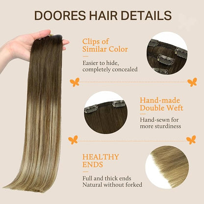DOORES Hair Extensions Real Human Hair, Balayage Dark Blonde Highlighted Bleach Blonde 135g 18 Inch 7pcs, Thick Remy Clip ins Extensions Straight Natural Hair