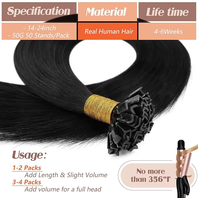 Sunny Hair Ktip Human Hair Extensions 18inch K Tip Hair Extensions Real Human Hair Jet Black Pre Bonded Hair Extensions Easy to Curl 50g