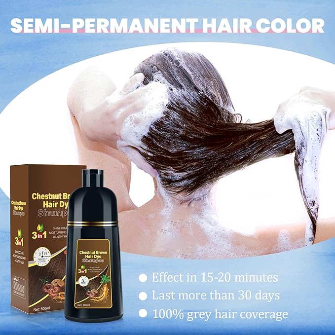 Hair Dye Shampoo for Gray Hair Coverage, 3-in-1 Semi-Permanent Color Shampoo for Women & Men Chestnut Brown