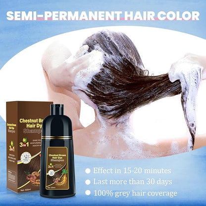 Hair Dye Shampoo for Gray Hair Coverage, 3-in-1 Semi-Permanent Color Shampoo for Women & Men Chestnut Brown