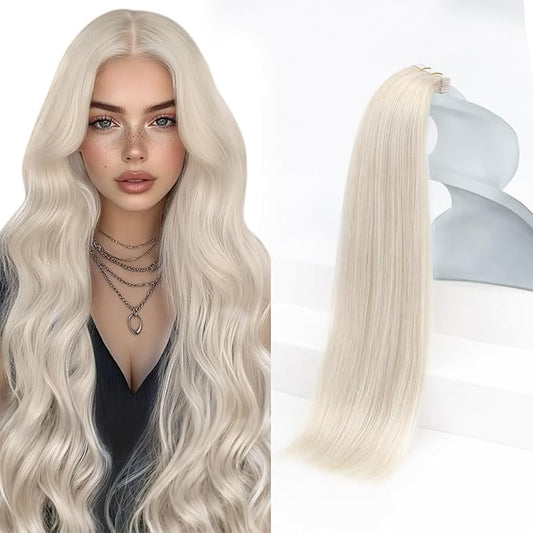 Sunny Hair Tape in Hair Extensions Real Human Hair Invisible Remy Hair Extensions Tape ins for Women White Platinum Blonde 26 inch 20Pcs 50G