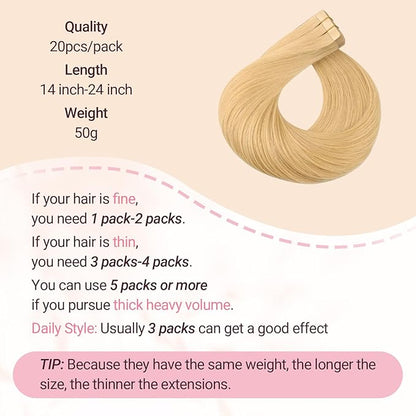 MAXITA Human Hair Tape in Extensions, Tape in Hair Extensions Real Human Hair Light Blonde 14 Inch 20pcs 50g Real Skin Weft Straight Natural Human Hair Extensions