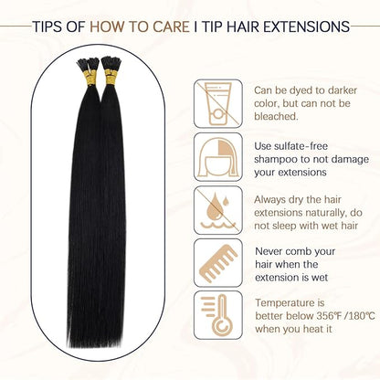 RUNATURE I Tip Hair Extensions Human Hair, Silky Long Hair Extensions I Tip Natural Looking Straight Remy Hair for Women 18inch 50G 60s #1 Jet Black