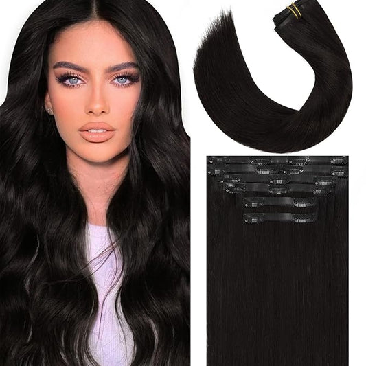Lacer Hair Ultra Seamless Clip in Hair Extensions Natural Black 14inch Real hair Extensions Invisible Clip in Human Hair 130g 7PCS 18 Clips Natural Human Hair