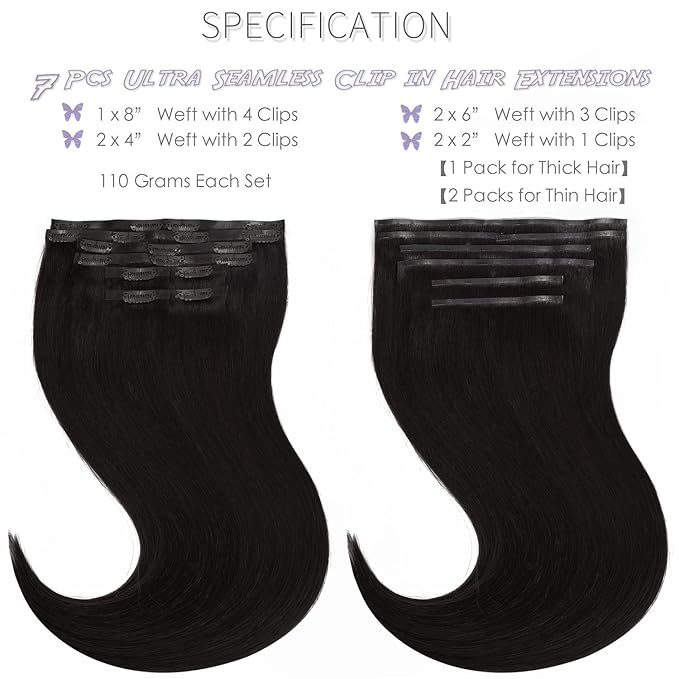 Lacer Hair Ultra Seamless Clip in Hair Extensions Natural Black 14inch Real hair Extensions Invisible Clip in Human Hair 130g 7PCS 18 Clips Natural Human Hair