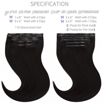 Lacer Hair Ultra Seamless Clip in Hair Extensions Natural Black 14inch Real hair Extensions Invisible Clip in Human Hair 130g 7PCS 18 Clips Natural Human Hair