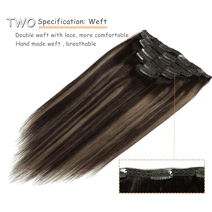 Caliee Balayage Dark Brown and Chestnut Brown with Dark Brown Roots 18inch Clip in Hair Extensions Human Hair Silky Straight 120 gram Double Weft Lace Clip in Hair