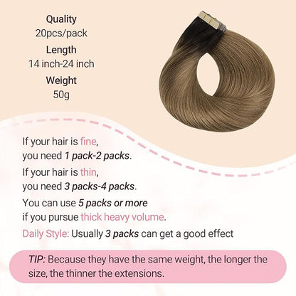 MAXITA Tape in Hair Extensions Human Hair, 20pcs 50g 18 Inch Ash Dark to Light Chestnut Brown Hair Extensions Straight Human Hair Tape ins Skin Weft Seamless Tape in Extensions