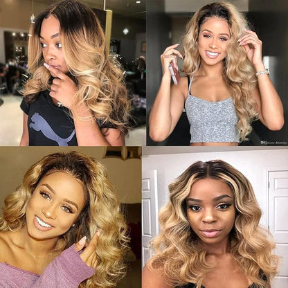 1B/27 Bundles Human Hair Blonde Body Wave Bundle Niegmeag Virgin Remy Hair 3 Bundles 14 16 18 Inch Double Weft 2 Tone Black and Honey Blonde Body Wave Bundle