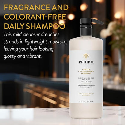 PHILIP B Gentle Conditioning Shampoo, 32 fl. oz. (947 ml) - Light-Weight Unscented Cleanser Adds Softness & Shine, With Shea Butter & Vitamin B5