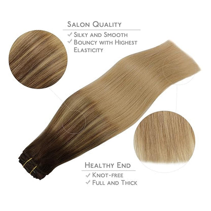 WENNALIFE Clip in Hair Extensions Real Human Hair, 18 Inch 150g 9pcs Human Hair Extensions Clip In, Balayage Chocolate Brown to Dirty Blonde Hair Extensions Clip In Real Remy Human Hair