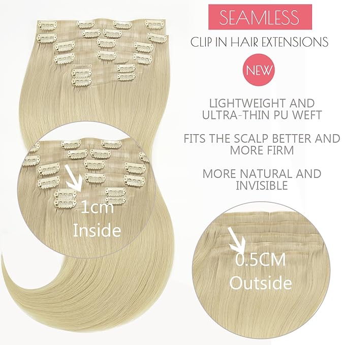 Loxxy Real Hair Extensions - Invisible 16Inch 7Pcs 130G Platinum Blonde Seamless Clip in Hair Extensions Human Hair Silky Straight PU Clip ins For Women