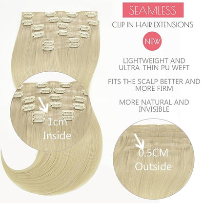 Loxxy Real Hair Extensions - Invisible 16Inch 7Pcs 130G Platinum Blonde Seamless Clip in Hair Extensions Human Hair Silky Straight PU Clip ins For Women