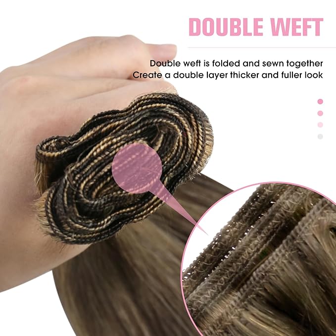 YoungSee Weft Hair Extensions Balayage Sew in Hair Extensions Dark Brown Mix Caramel Blonde Highlights Human Hair Weft Extensions Brown 20Inch 100G
