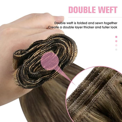 YoungSee Weft Hair Extensions Balayage Sew in Hair Extensions Dark Brown Mix Caramel Blonde Highlights Human Hair Weft Extensions Brown 20Inch 100G