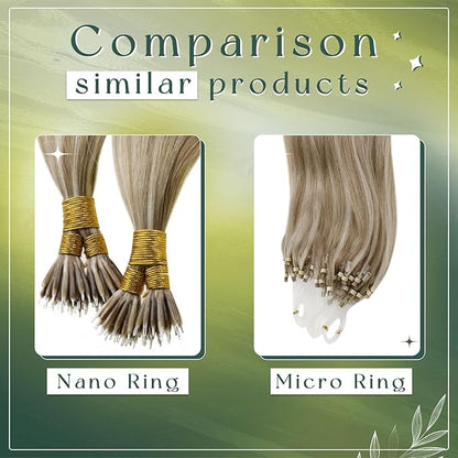 RUNATURE Nano Ring Hair Extensions Blonde Highlight Nano Bead Hair Extensions Human Hair 18 Inch Nano Tip Hair Extension Real Human Hair Ash Brown Highlight Platinum Blonde Soft Silky 50g 50s