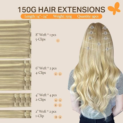 DOORES Clip in Hair Extensions Real Human Hair, Light Blonde Highlighted Golden Blonde 150g 9pcs 18 Inch, Real Hair Extensions Clip in Human Hair Natural Thick Human Hair Extensions Clip ins Straight