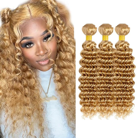#27 Blonde Bundles Human Hair Deep Wave Bundles 22 22 22 Inch Unprocessed Brazilian Virgin Hair Weave 3 Bundle 50 Grams Per Bundle Honey Blonde Human Hair Extensions
