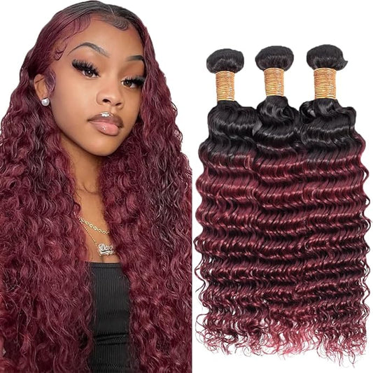 1B99J Deep Wave Bundles Black Mixed With Burgundy Loose Deep Wave Bundles Two Tone Brazilian Human Hair Extensions Soft and Silky for Black Women 26 28 30 Inch