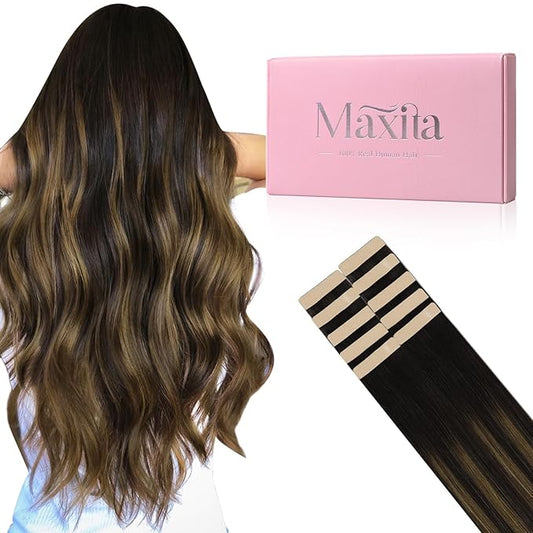 MAXITA Tape in Hair Extensions Real Human Hair Balayage Dark Brown to Chestnut Brown 20 inch 30g 10pcs Tape in Extensions Remy Seamless Straight Hair Extensions for Women