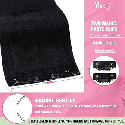 YoungSee Wire Hair Extensions Jet Black Hair Extensions Wire Natural Black Wire Hair Extensions Real Human Hair Invisible Fish Line Hair Extensions Short Human Hair Extensions 12Inch 70g