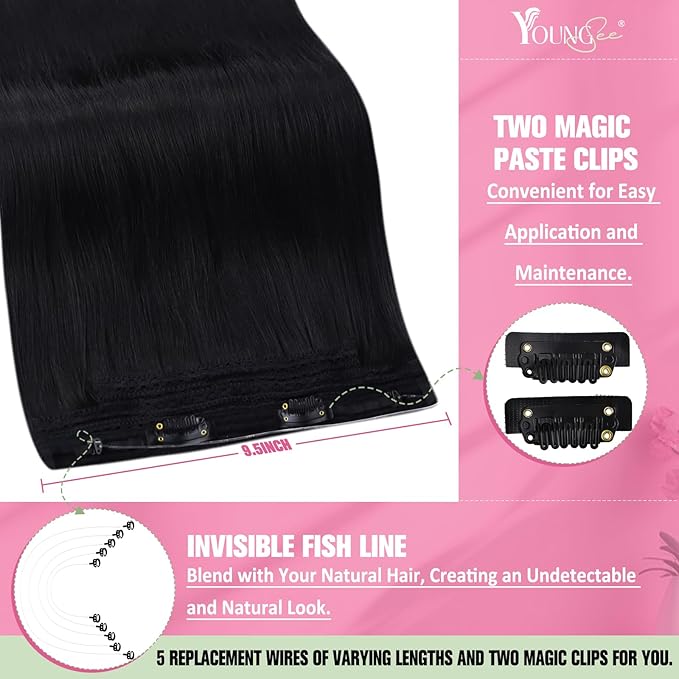 YoungSee Invisible Wire Hair Extensions Black Wire Hair Extension Human Hair Black Fish Line Human Hair Extensions Softness Hair Wire Extensions Black Hair Extensions Human Hair for Women 14In 80G