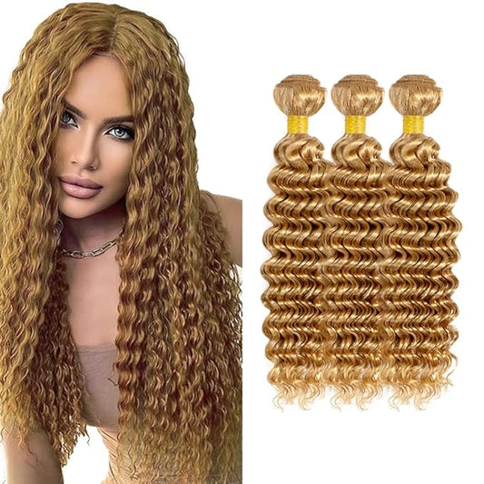 #27 Blonde Bundles Human Hair Water Wave Bundles 16 18 20 Inch Unprocessed Brazilian Virgin Hair Weave 3 Bundles 50 Grams Per Bundle Honey Blonde Human Hair Extensions