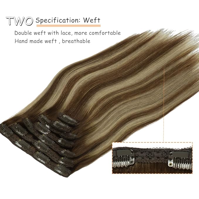 Caliee 20Inch Clip in Human Hair Extensions Silky Straight 140G 7PCS Hair Clip in Extensions R4A-4A/26 Chocolate Brown To Honey Blonde Remy Human Hair Extensions Clip ins for Women