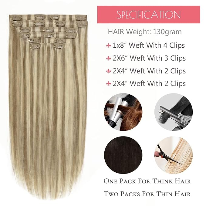 Loxxy Real Hair Extensions Clip in Human Hair 16Inch 130G Light Brown Mixed With Platinum Blonde Invisible Seamless Clip in Hair Extensions Remy Human Hair 7Pcs Silky Straight For Women