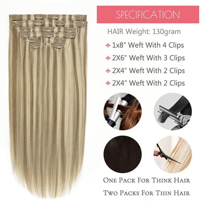 Loxxy Real Hair Extensions Clip in Human Hair 16Inch 130G Light Brown Mixed With Platinum Blonde Invisible Seamless Clip in Hair Extensions Remy Human Hair 7Pcs Silky Straight For Women