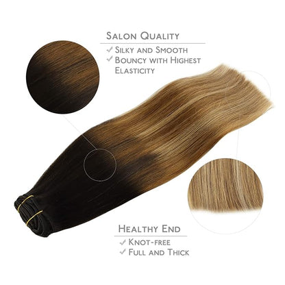 WENNALIFE Clip in Hair Extensions Real Human Hair, 16 Inch 120g 7pcs Dark Brown to Chestnut Brown and Dirty Blonde Highlighted Clip In Human Hair Remy Clip in Hair Extensions Double Weft