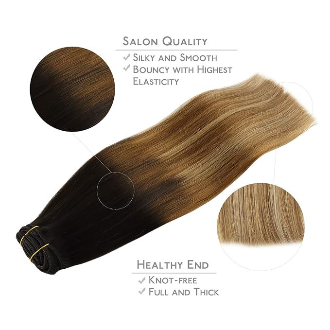 WENNALIFE Clip in Hair Extensions Real Human Hair, 14 Inch 120g 7pcs Dark Brown to Chestnut Brown and Dirty Blonde Highlighted Clip In Human Hair Remy Clip in Hair Extensions Double Weft