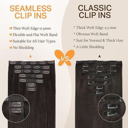 DOORES Clip in Hair Extensions, Dark Brown 130g 7pcs 16 Inch, Invisible Edge Clip Extensions Remy Weft for Women Silky Straight Weft