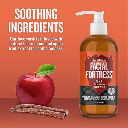 Dr. Eddie's Facial Fortress 3 in 1 Face, Hair, & Beard Wash - Beard and Face Wash for Men, Beard Cleanser, Face Soap, Beard Care, Dandruff Shampoo with Pyrithione Zinc - 8 Fl Oz (Pack of 1)