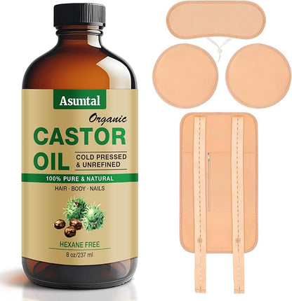 Castor Oil Organic Cold Pressed Unrefined Glass Bottle 8oz, Reusable Castor Oil Pack Wrap 4 Pack, Organic Cotton for Waist Breast Neck