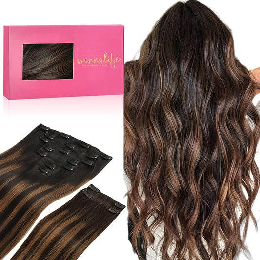 WENNALIFE Clip in Hair Extensions, 150g 20 Inch 9pcs Balayage Natural Black to Chestnut Brown Remy Hair Thicker Double Weft Extensiones De Cabello Humano Con Clip Ins Straight Full Volume