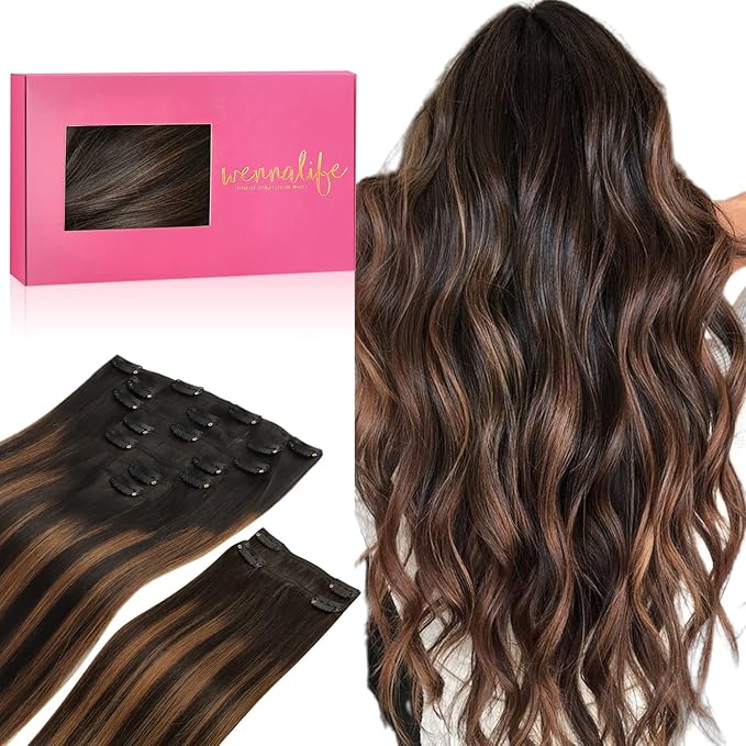 WENNALIFE Clip in Hair Extensions, 150g 16 Inch 9pcs Balayage Natural Black to Chestnut Brown Remy Hair Thicker Double Weft Extensiones De Cabello Humano Con Clip Ins Straight Full Volume
